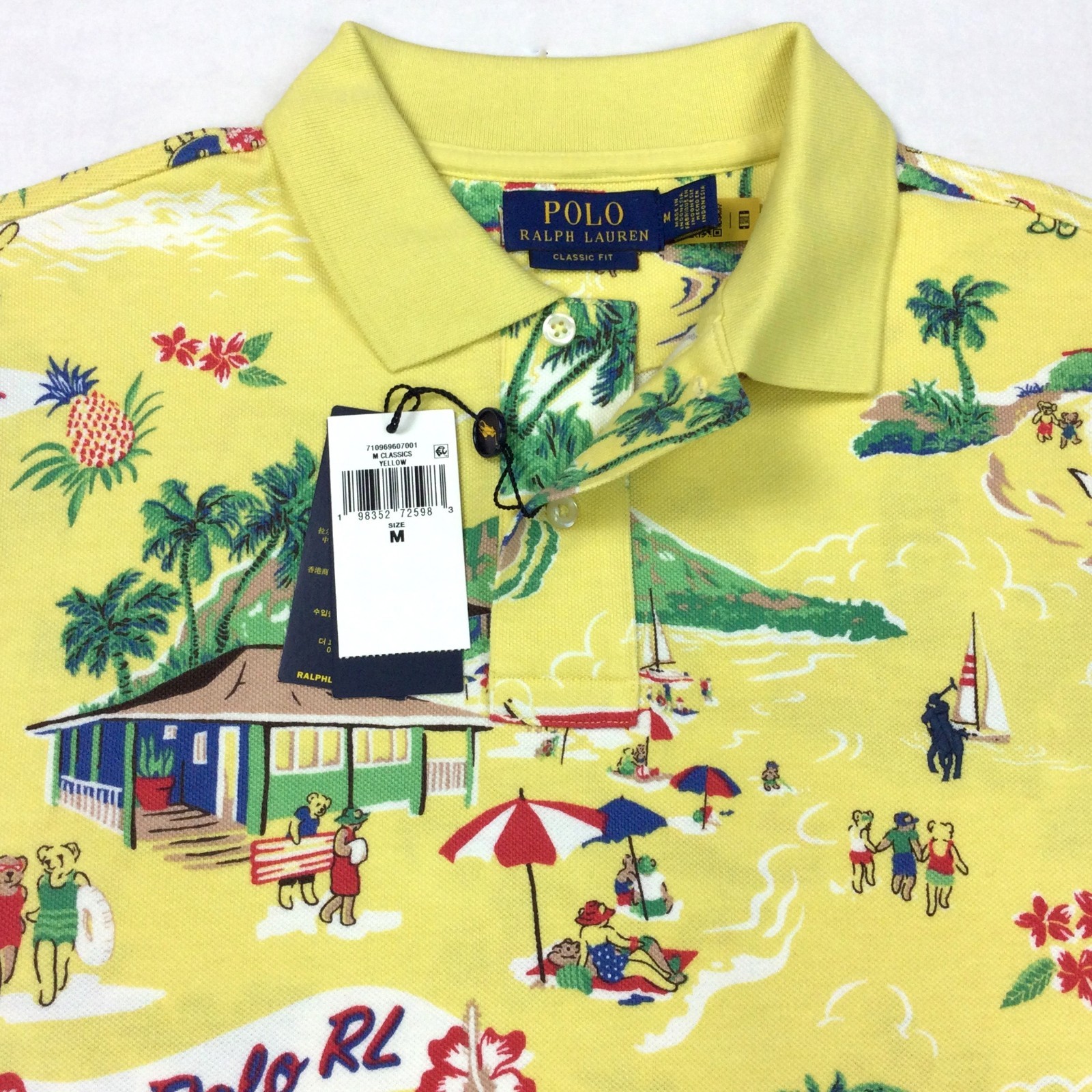 Polo Ralph Lauren Men Aloha Hawaii Polo Bear Graphic Mesh Polo Shirts Yellow