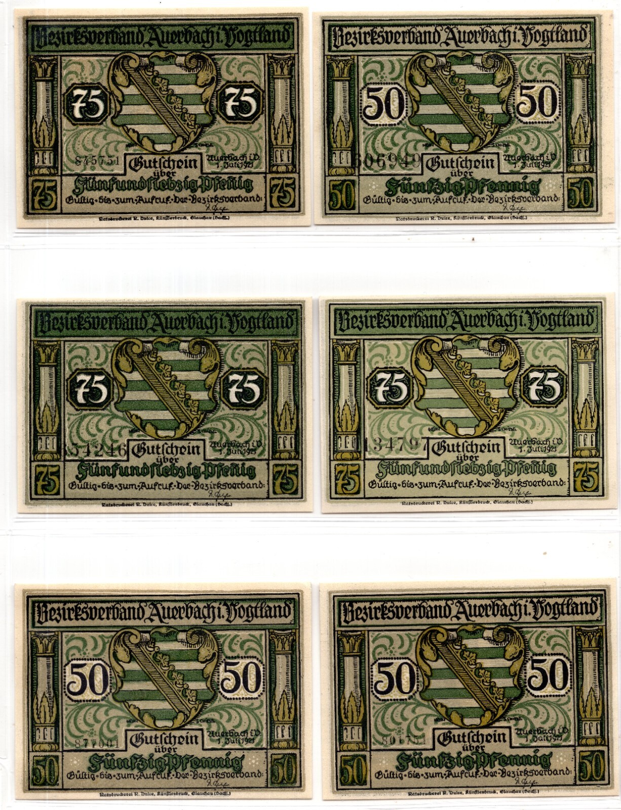 1921 Germany Auerbach Notgeld Set of 6 Notes (NG1122)