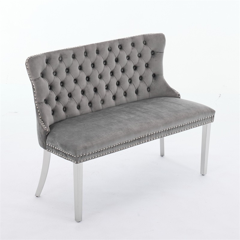 2-Seat Tufted Bench Velvet Upholstered Dining Seating w/Wing Back & Silver Legs