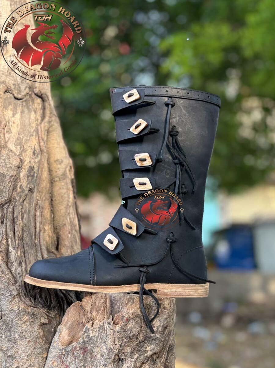 Medieval Leather Boots Renaissance SCA LARP Viking Long boot Black SCA LARP