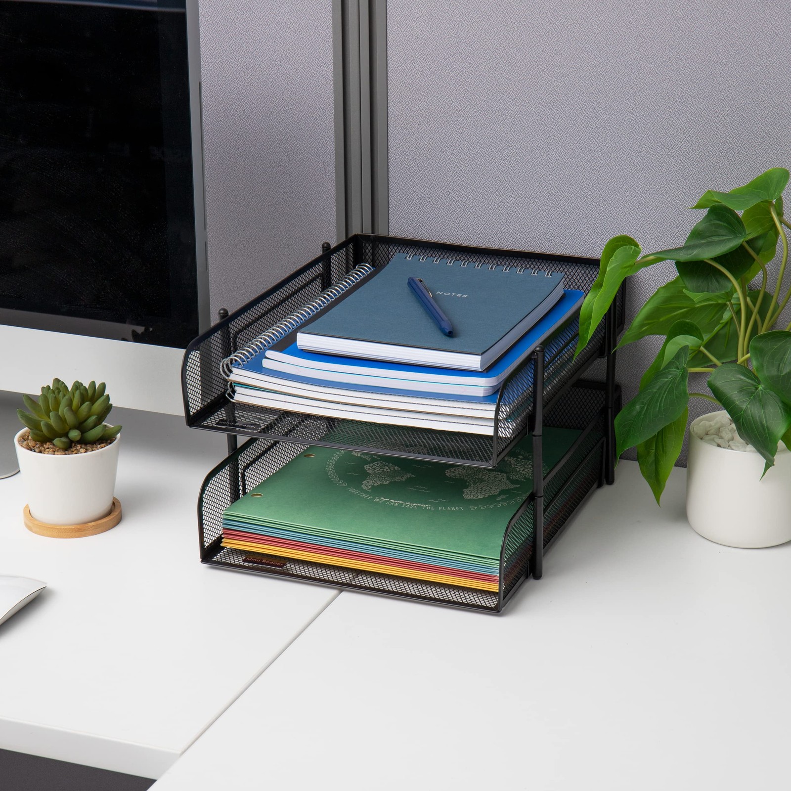 Stackable Paper Tray, Desktop Organizer, File Storage, Office, Metal Mesh, 2 ...