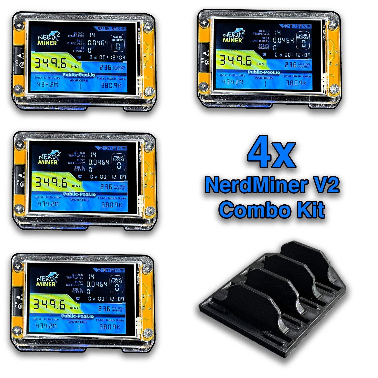 4x Bundle – NerdMiner V2 Bitcoin Solo Mining Kit | Includes Cradle Stand