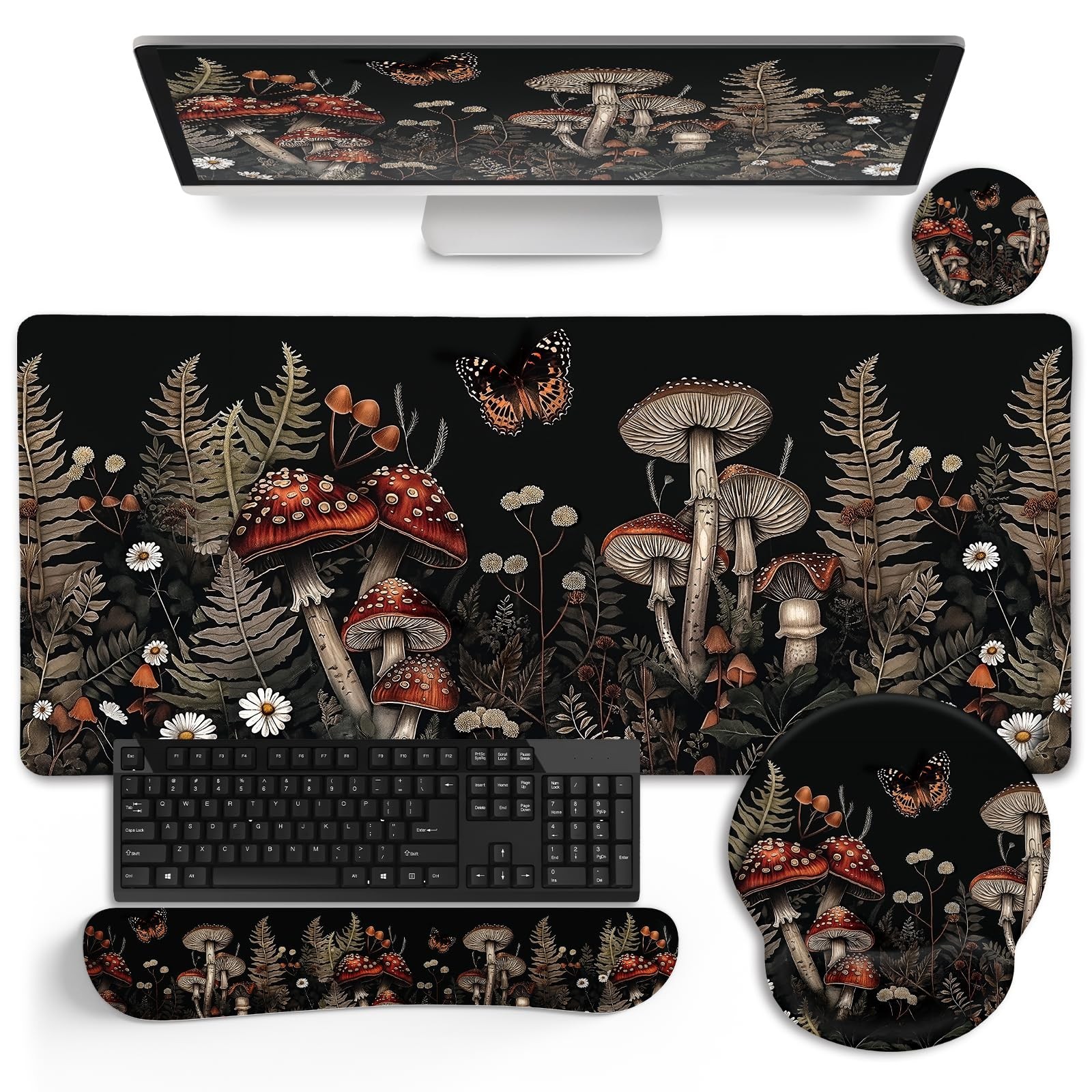 Mushroom Mouse Pad Set Large Desk Matt for Desktop, Ergonomic Mouse Pad with ...