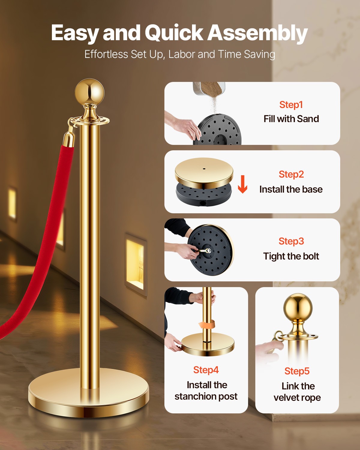 VEVOR 8Pcs Stanchion Post Queue Barrier Crowd Control Sand Injection Base Gold