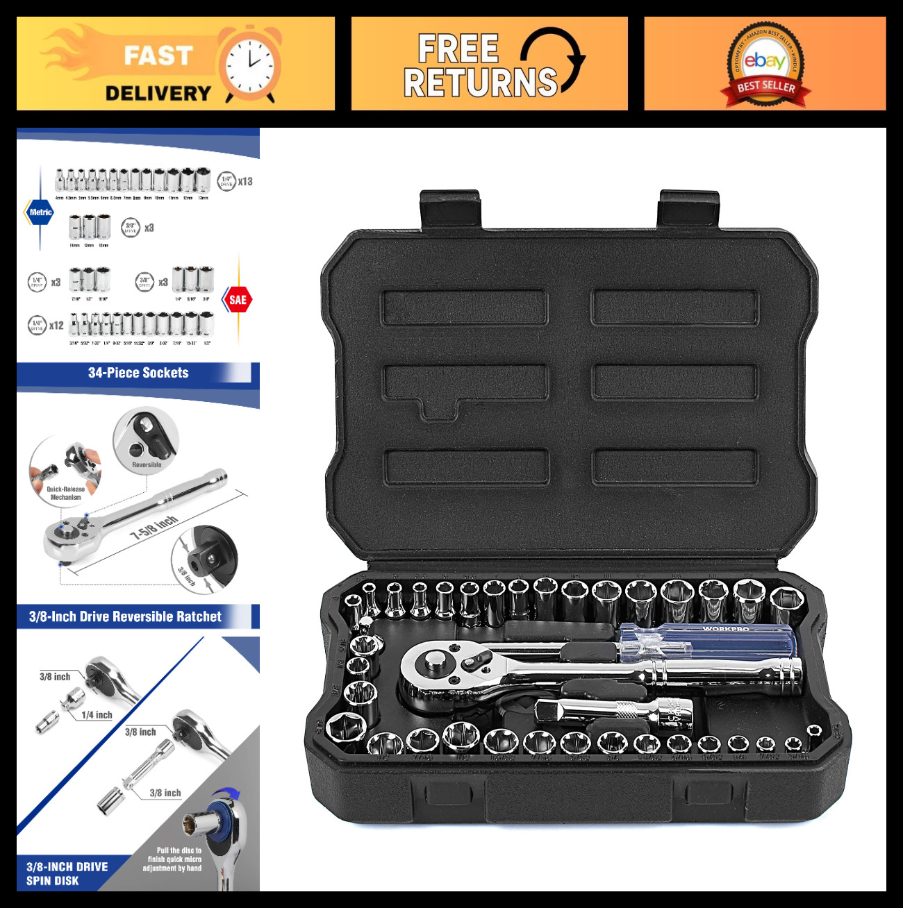 39-Piece Drive Socket Set - Metric & SAE, Quick-Release Ratchet, Extension Bar,
