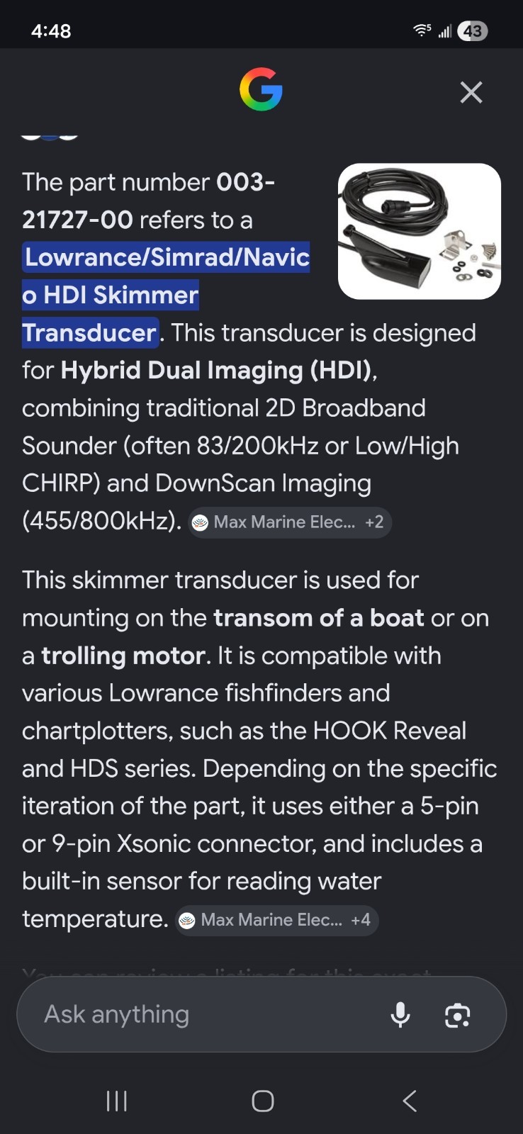 Lorwance High Speed Skimmer Transducer