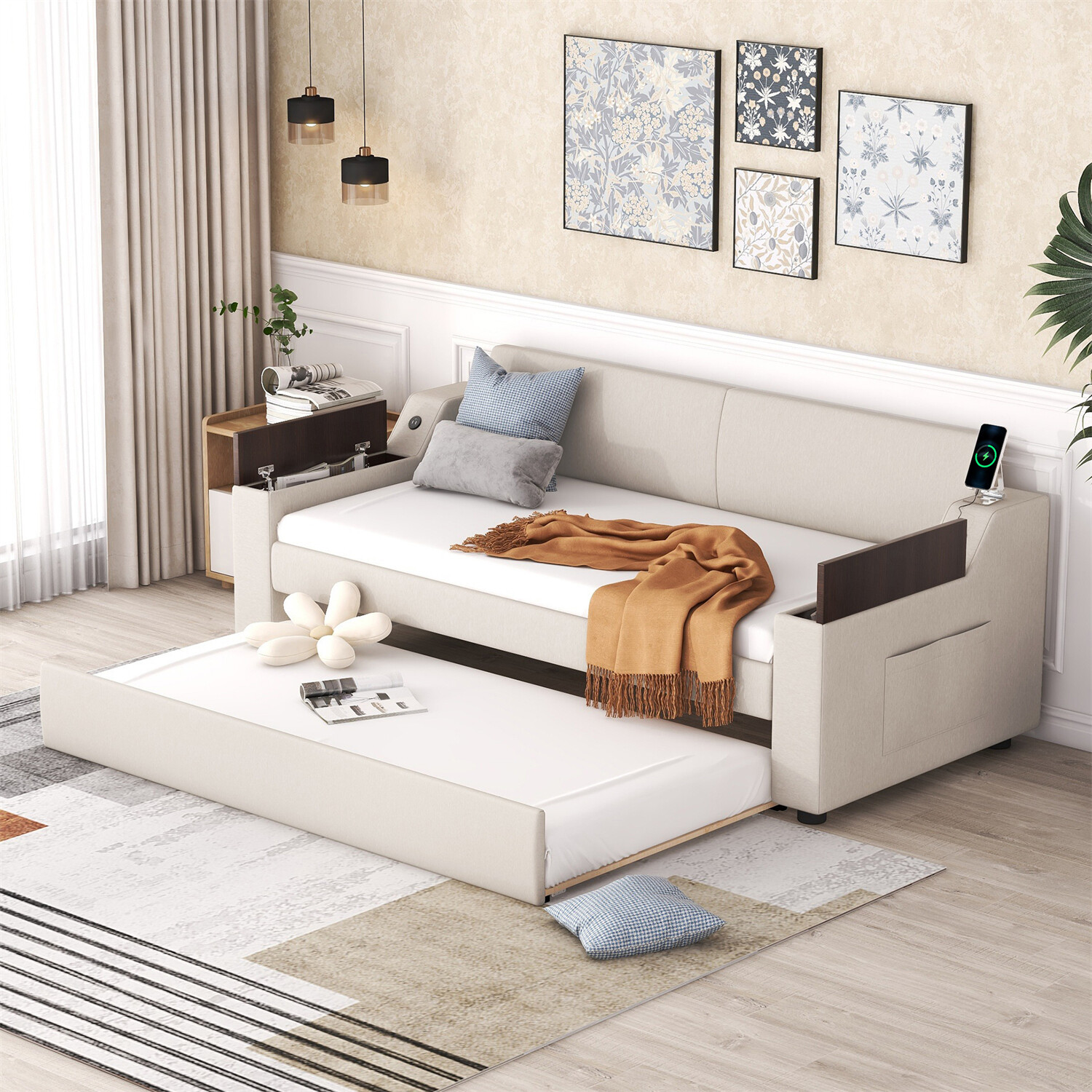 Twin Size Daybed Upholstered Bed Frame Sofa Bed with Trundle Bed Beige