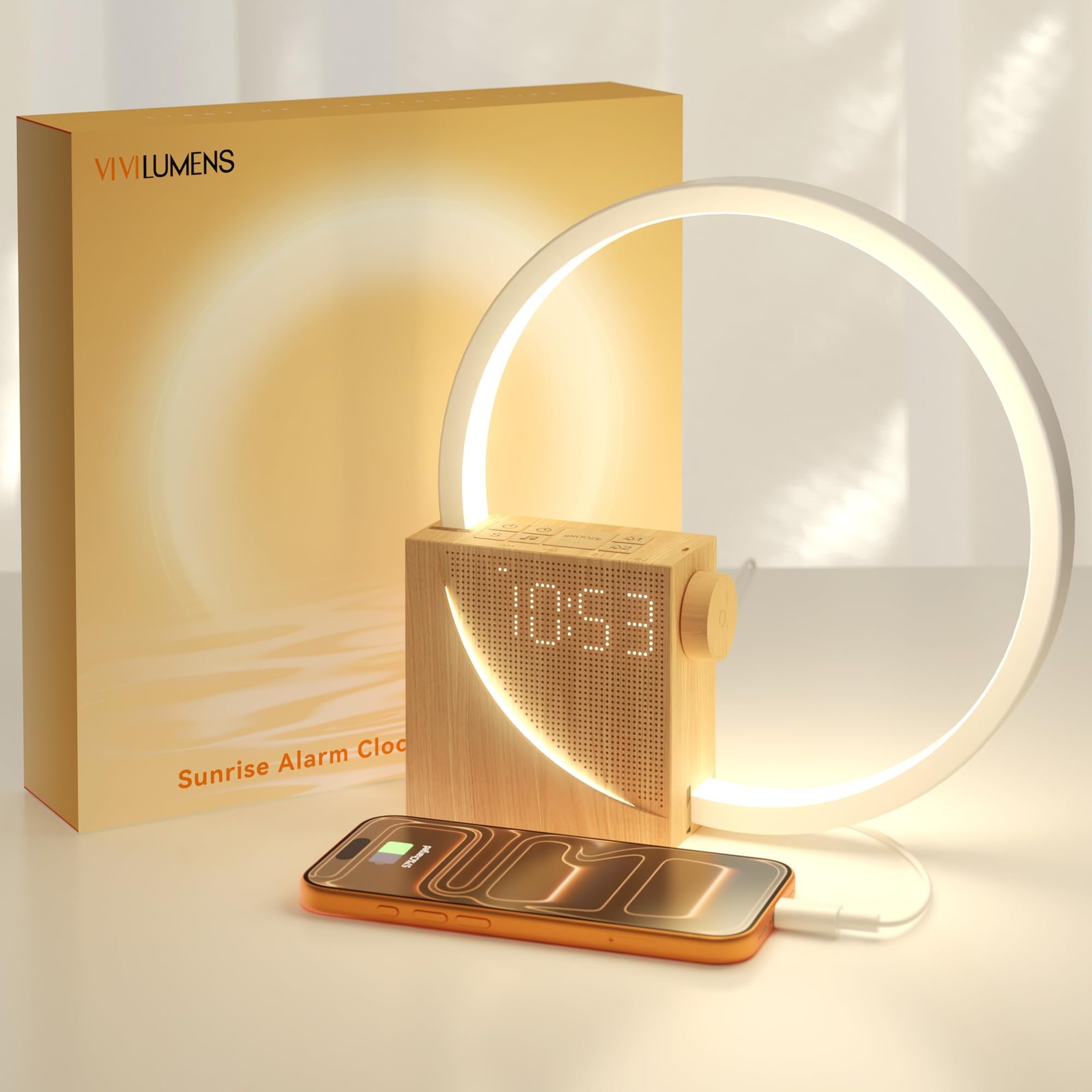 Vivilumens Sunrise Alarm Clock Sound Machine Large, New Wood Grain