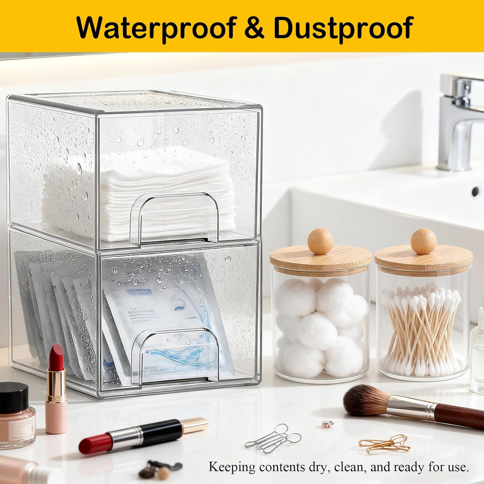 6 Pack Clear Stackable Storage Drawers & Qtip Holder Dispenser with Bamboo Lids