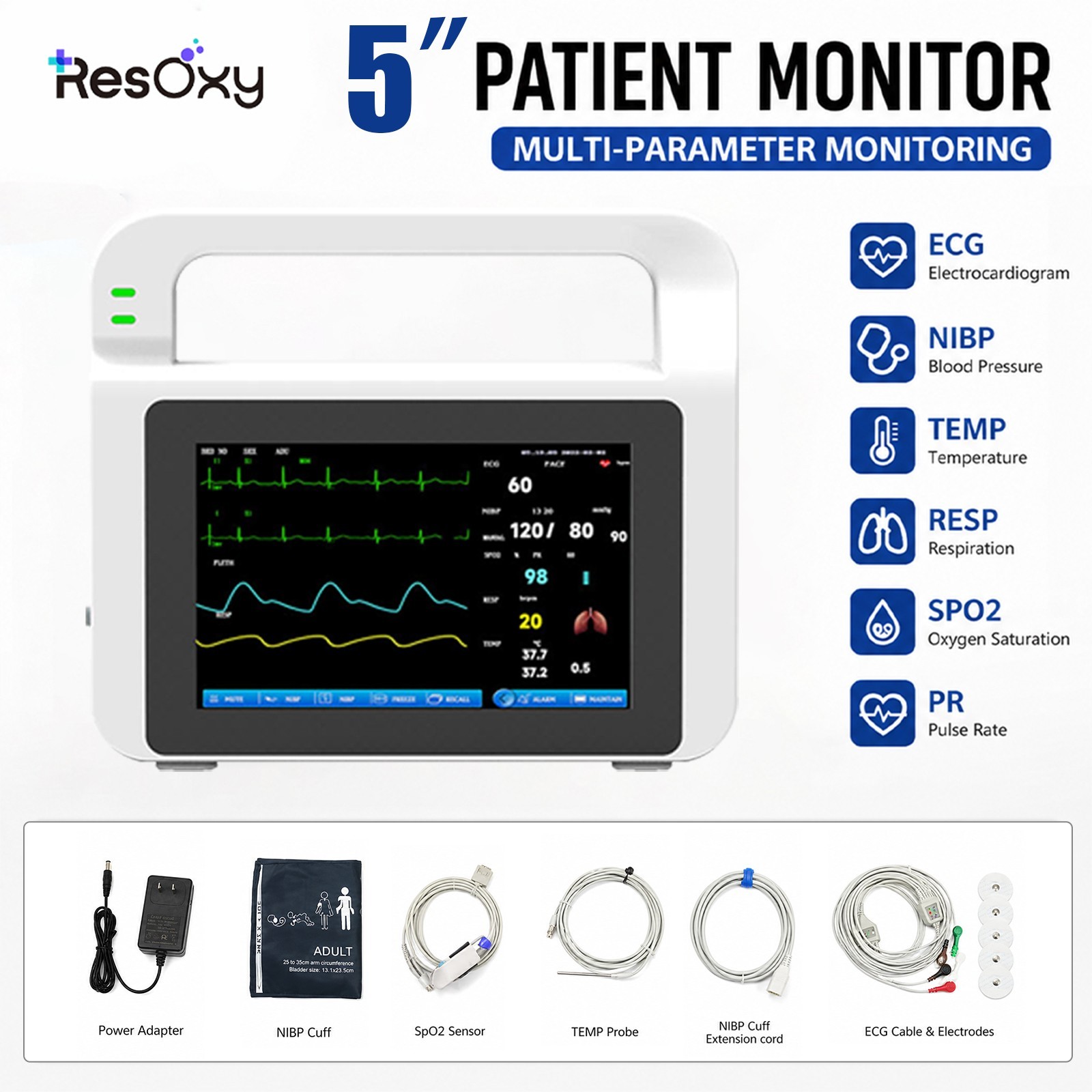 Patient Vital Signs Monitor 5" High Definition Screen ECG/NIBP/TEMP/RESP/SPO2/PR