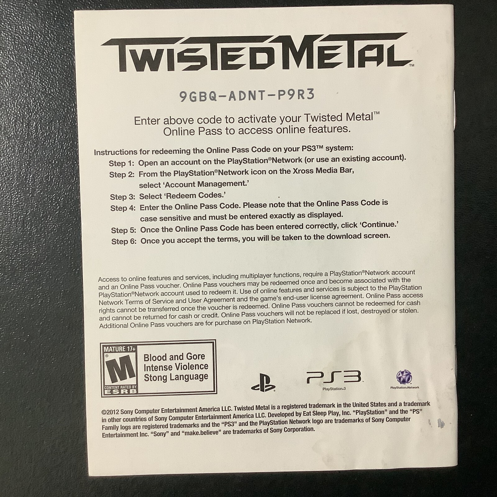 Twisted Metal PS3 PlayStation 3 Instruction Manual Only