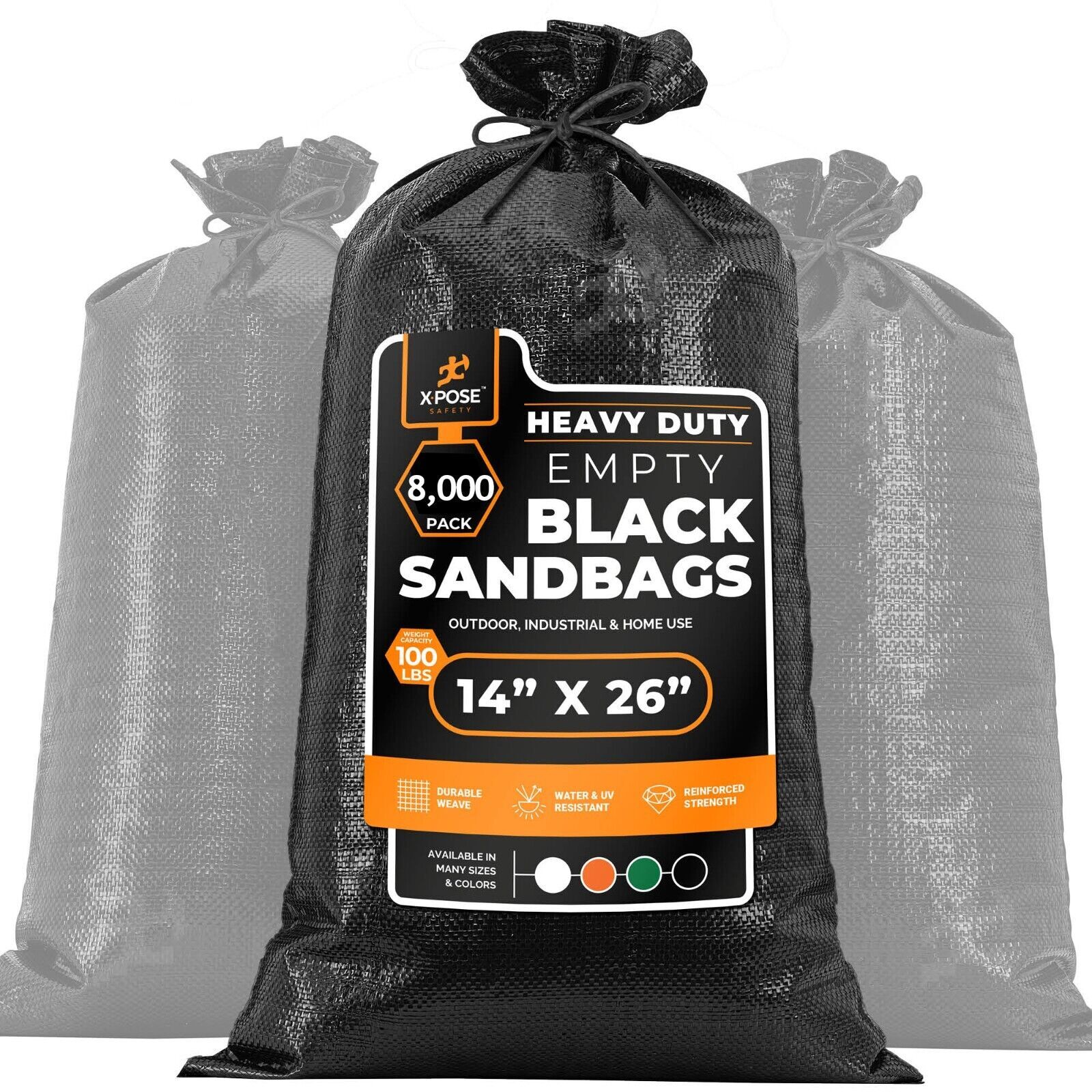 Heavy Duty Woven Polypropylene Sand Bags Black - 14" x 26" Bundle of 8000