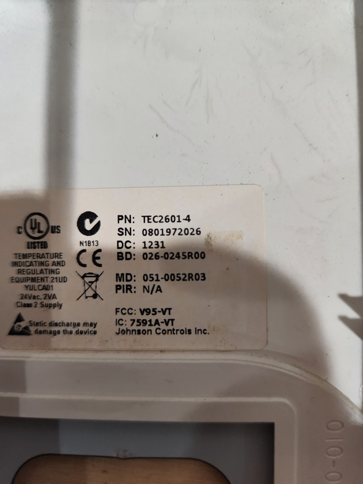 Johnson Control TEC 2601-4 Thermostat