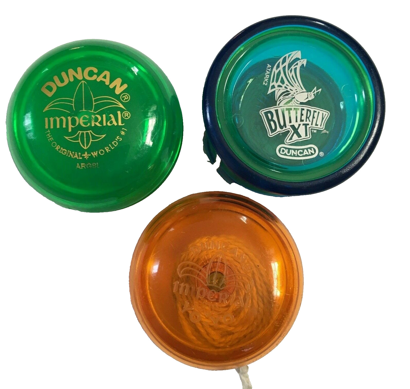 Lot 3 Duncan Butterfly XT Imperial Original Yo-Yos Blue Orange Green w/ String