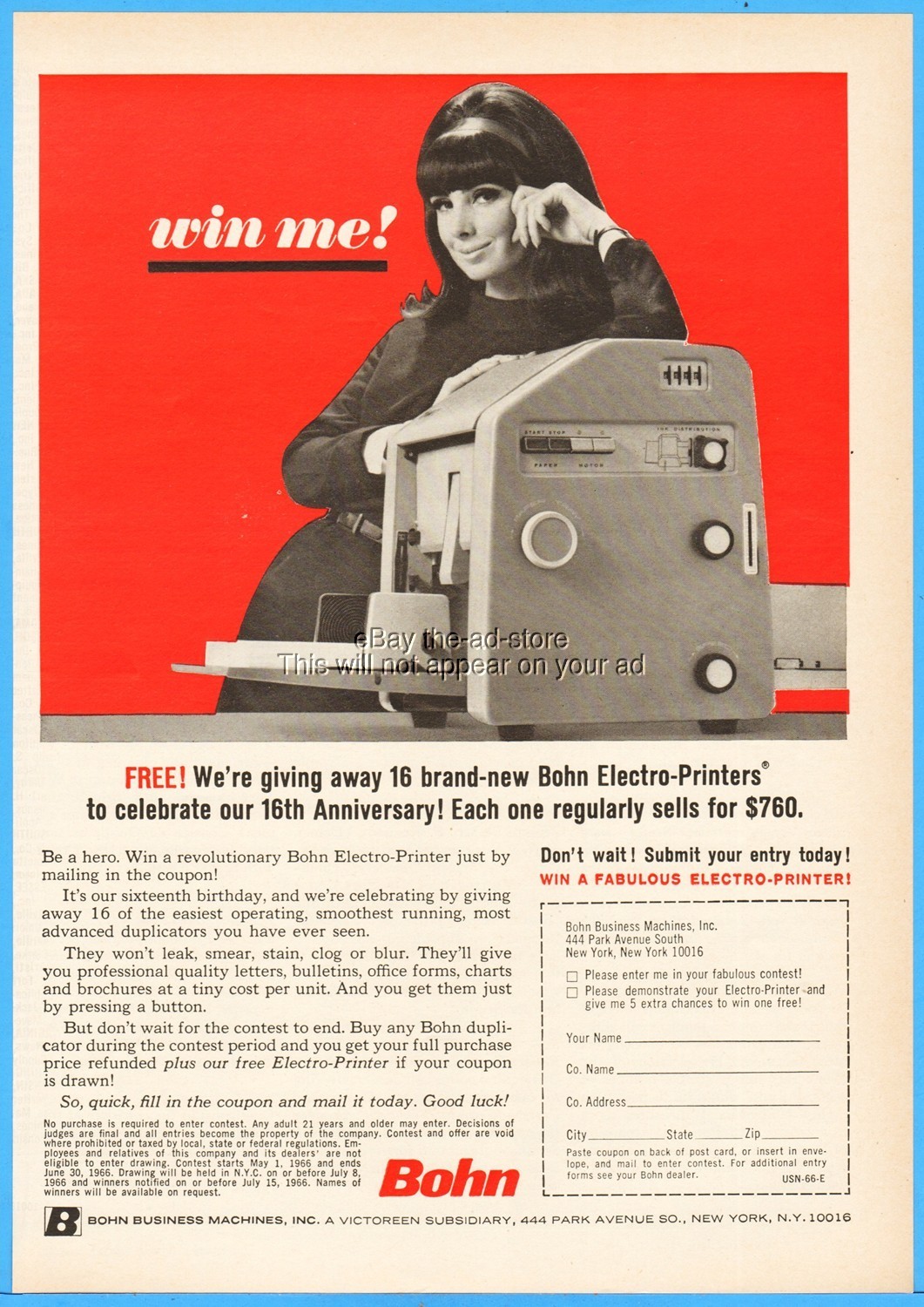 1966 Bohn Business Machines 444 Park Avenue South New York NY Electro Printer Ad