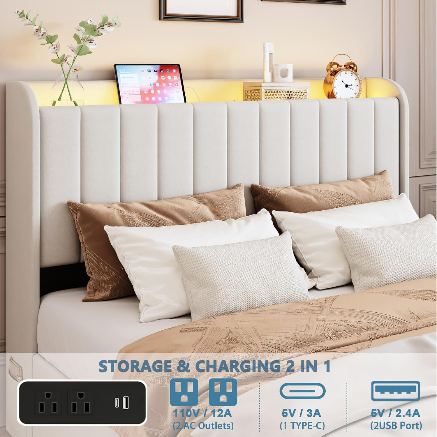Full Bed Frame with 4 Drawers and Storage Headboard, Upholstered Platform Bed Fr