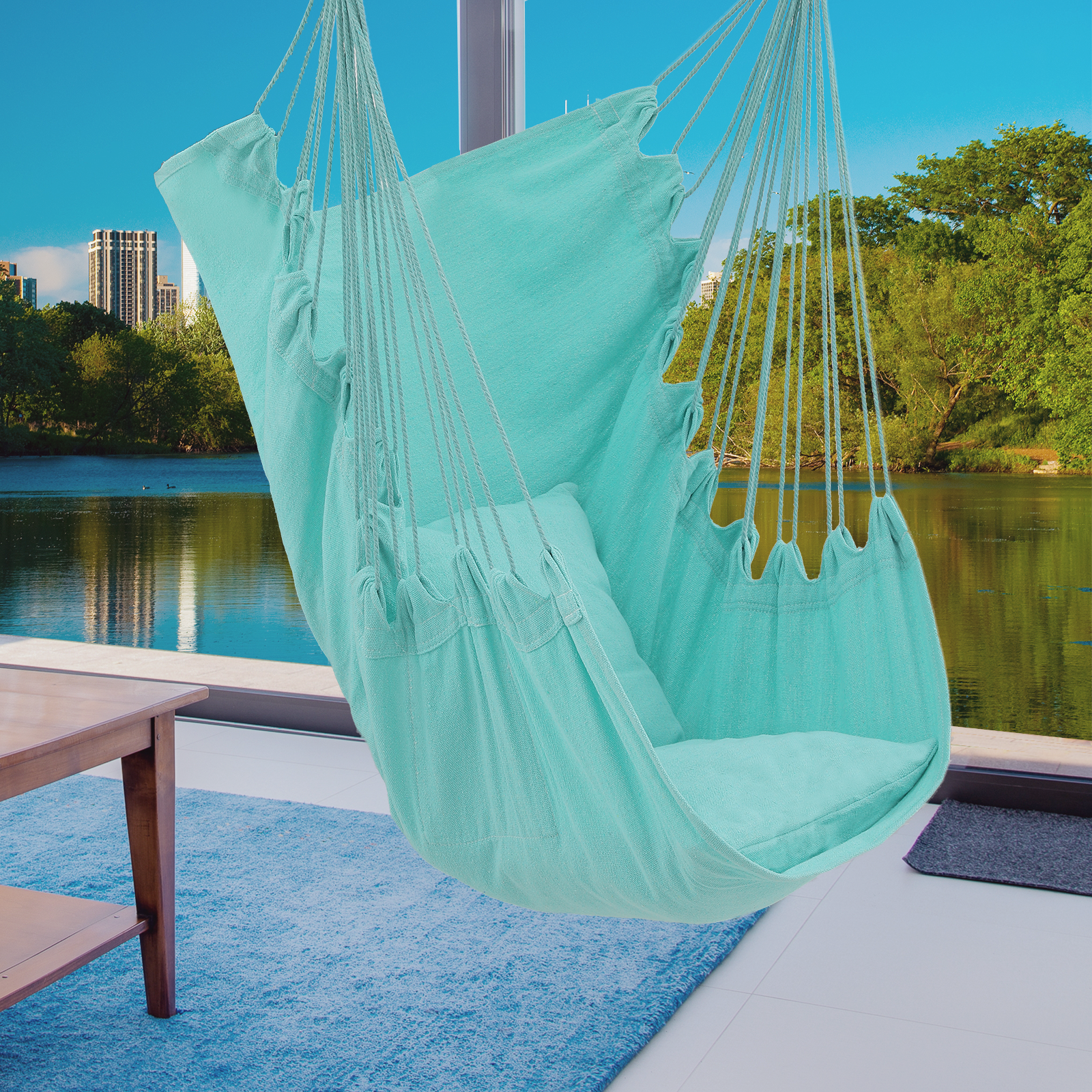 Patio Hammock Chair Macrame Swing Hanging Rope 350Lbs w/Cushion Seat&Side Pocket