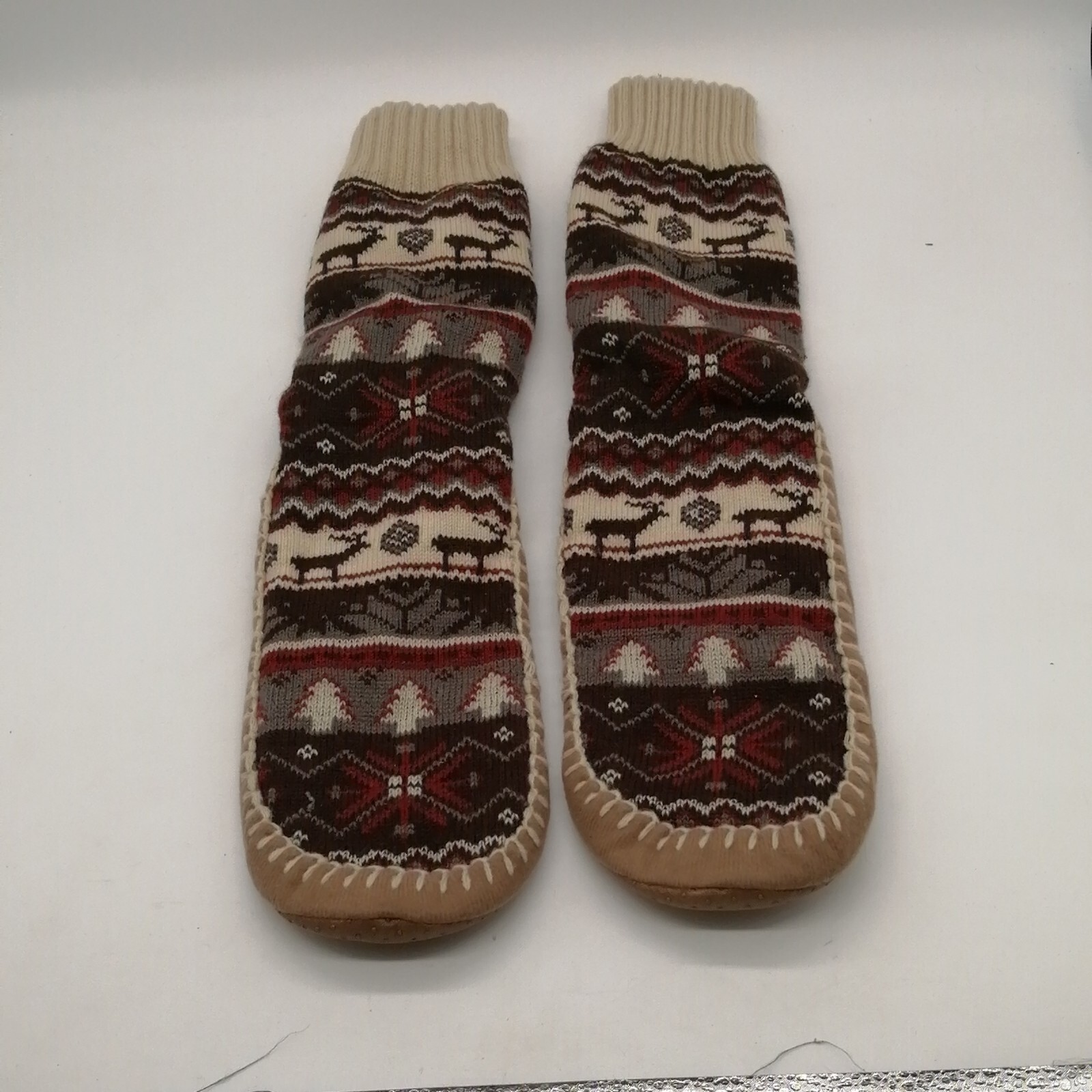 Womens Pull On Mid Calf Slipper Multicolor Tan Knit Cuff Top Suede Outsole 9-10