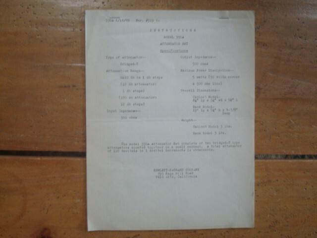 1949 Hewlett Packard 350A Attenuator Set Instructions Manual.