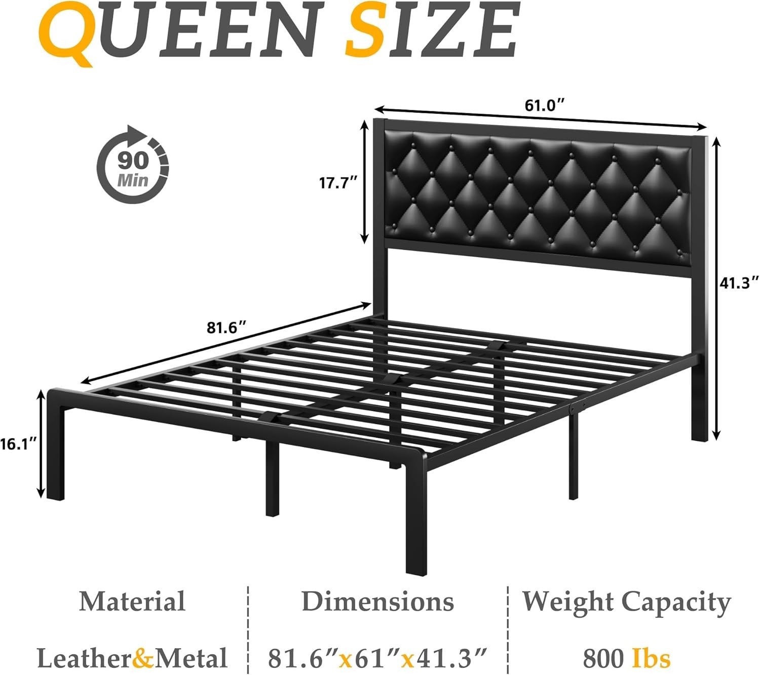 Queen Bed Frame Upholstered Button Tufted Headboard Platform Metal Slats Support