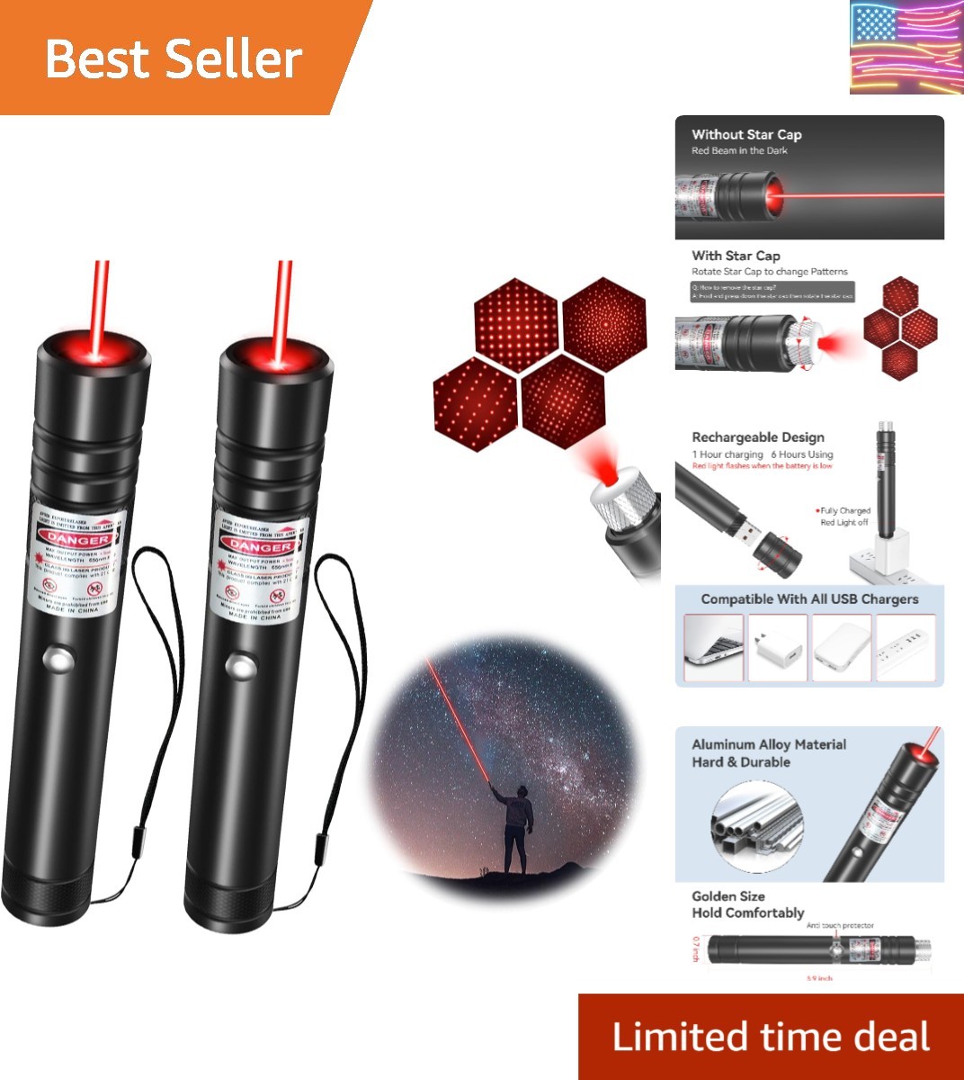 2 Packs] Rechargeable Red Laser Pointer High Power Red Beam Laser Light Long ...