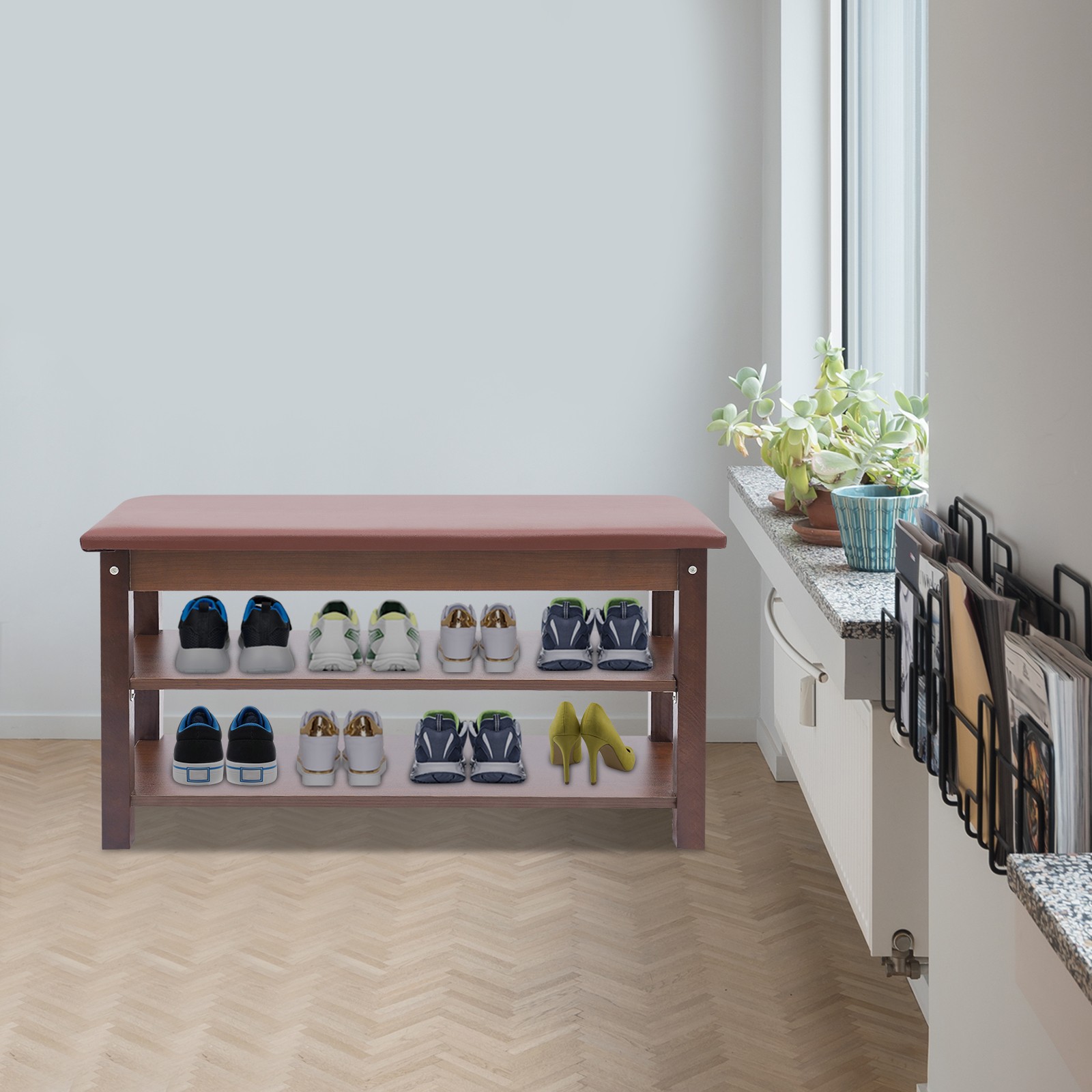 Shoe Bench with Storage Shelf, 2-Tier Footwear Rack with Cushion Padded Seat