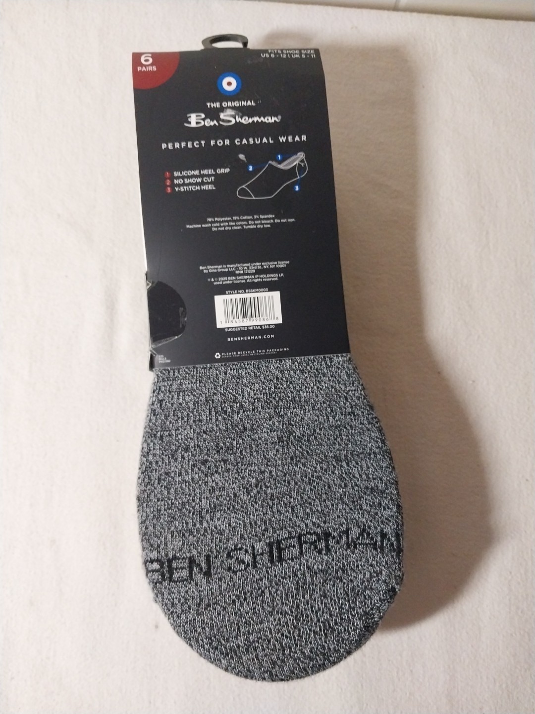 Ben Sherman Men's No Show Socks 6 Pairs Cotton Blend in Blue Tan Gray Black