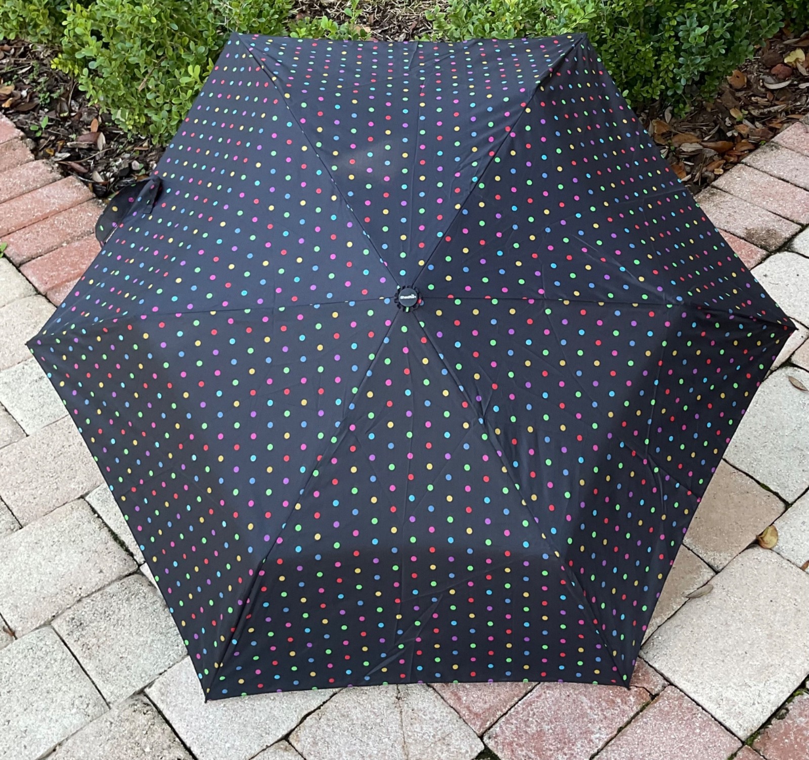 SHEDRAIN UMBRELLA  BLACK POLKA DOTS LIFETIME WARRANTY AUTO OPEN NWT