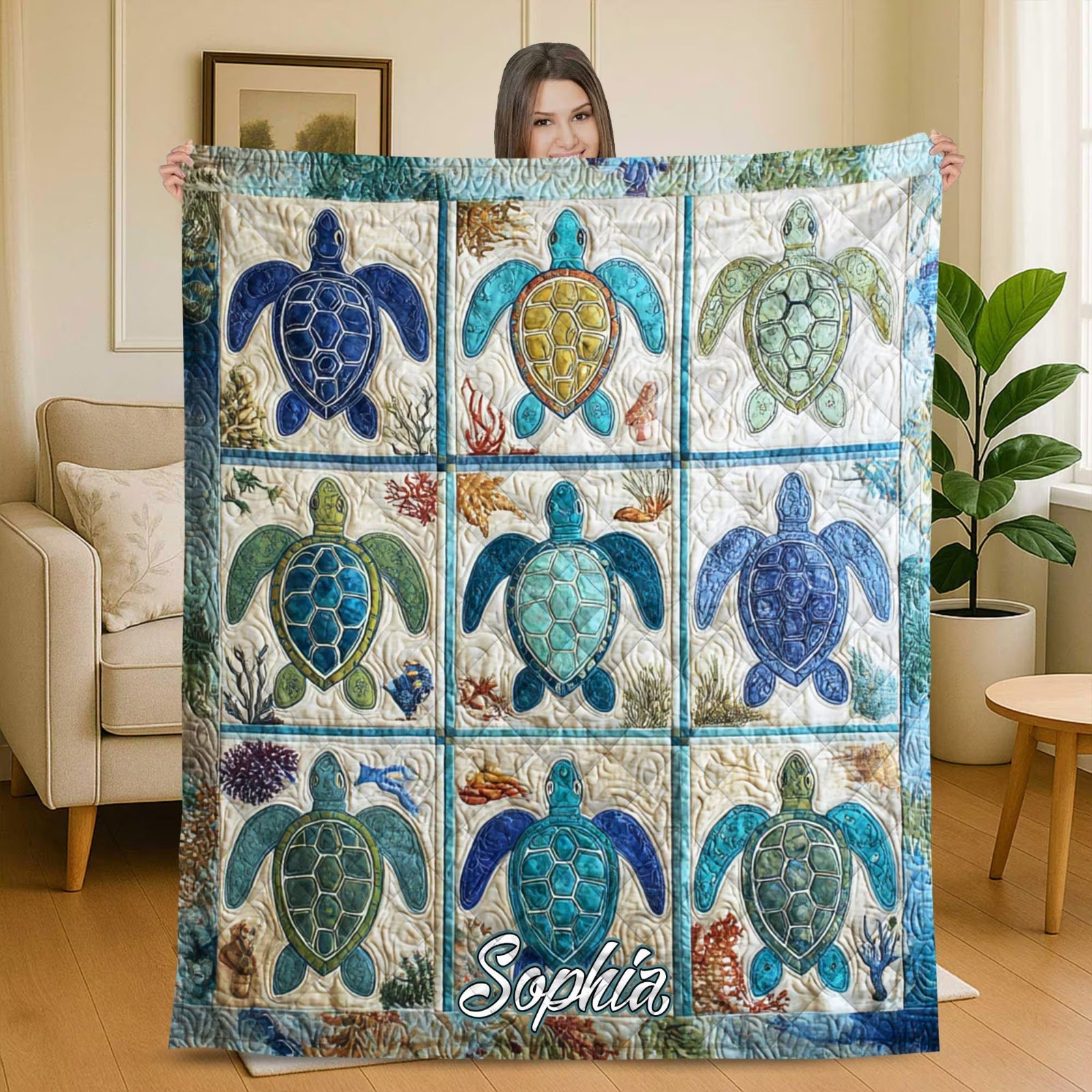 Personalized Sea Turtle Quilt Blanket Ocean Coastal Throw Beach Gift Name Lovers