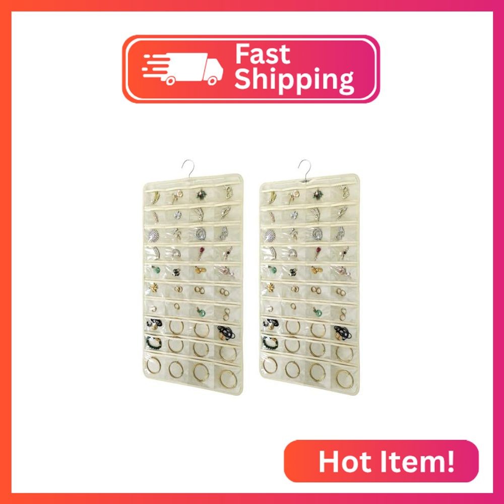 2 PACK(Total 160 Pockets) Hanging Jewelry Organizer with Hanger Metal Hooks Stor