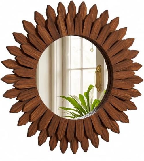 20" Round Sunburst Wooden Mirror Boho Rustic Wall Decor | 20"L x 20"W Walnut