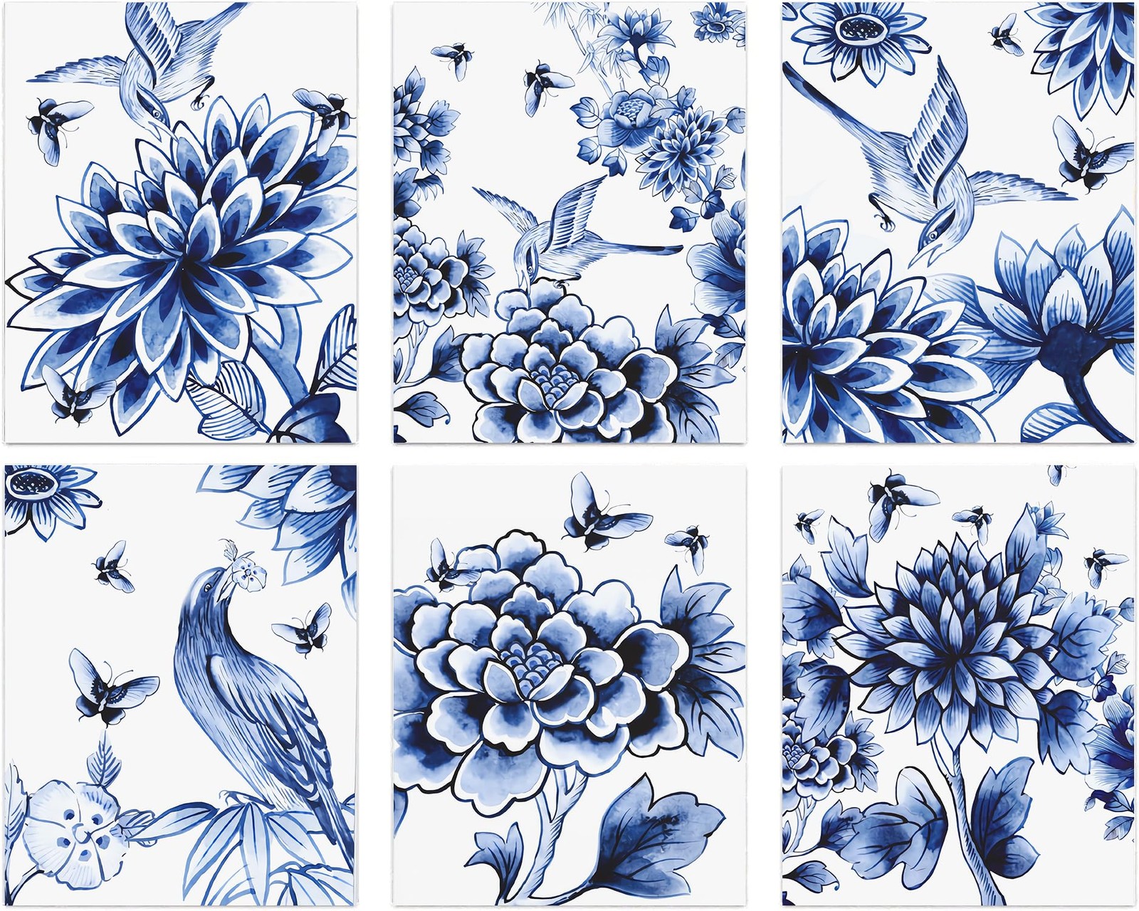 NIIORE Chinoiserie Blue Floral Birds Butterfly Wall 8 x 10 inches, colorful
