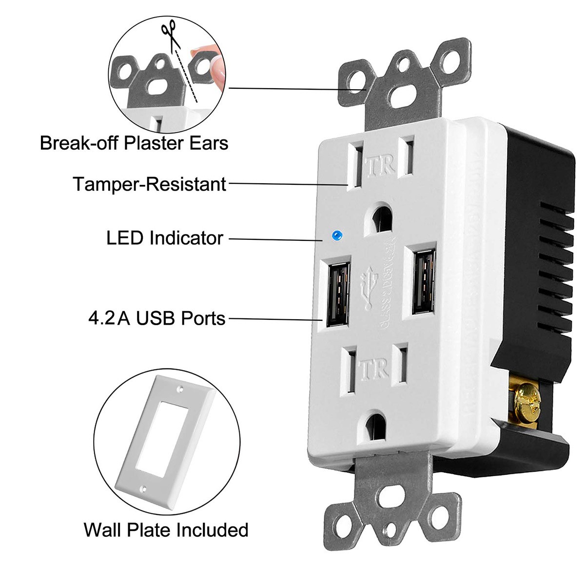 3 x Electrical Socket 4.2A USB White Wall Receptacle with LED Indicator,15A/125V