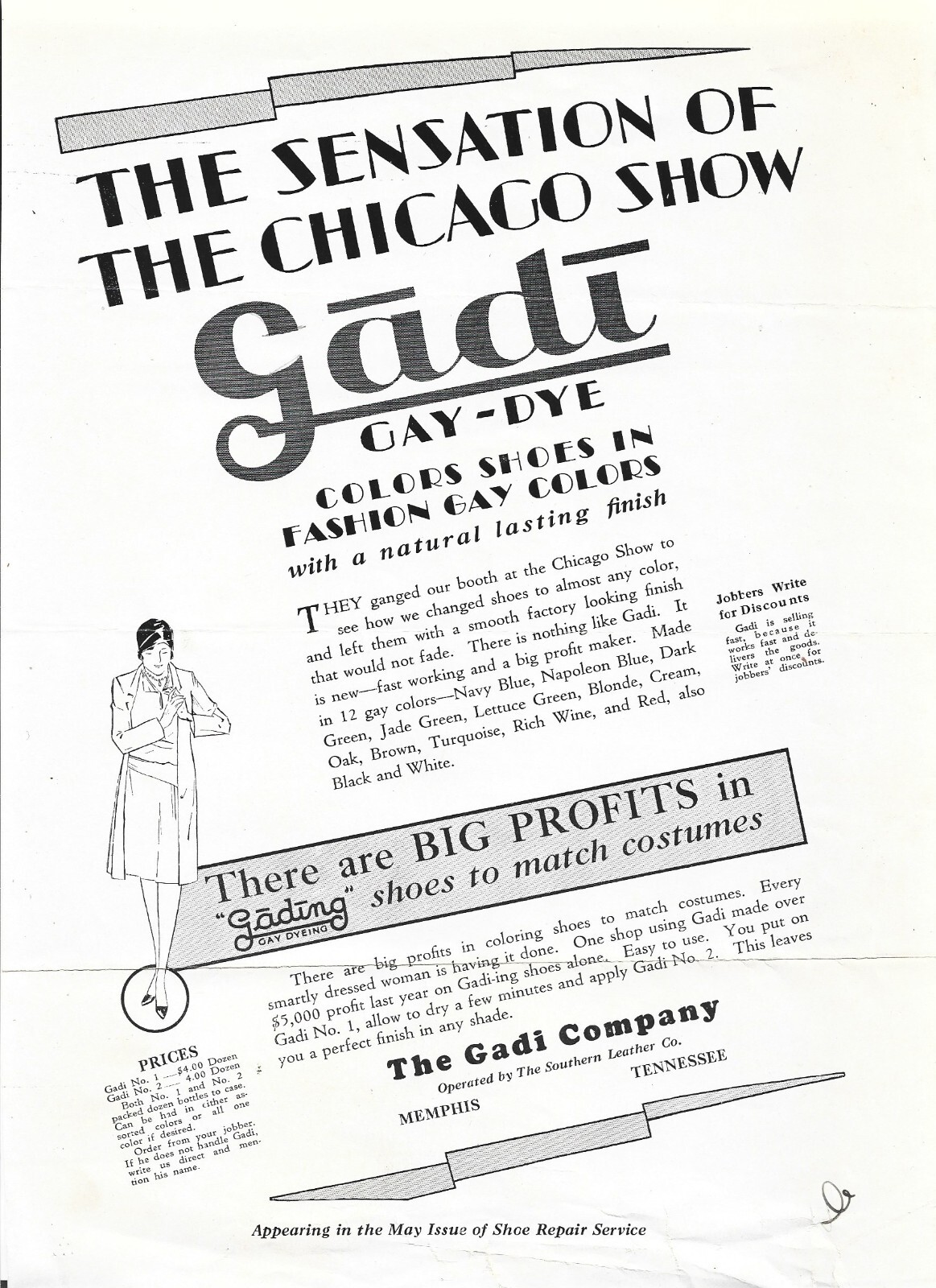 11 LOT~1929 GADI CO. LETTERHEAD/COLOR CHART/ADS~MEMPHIS, TN~SHOE DYES REPAIR/MFG