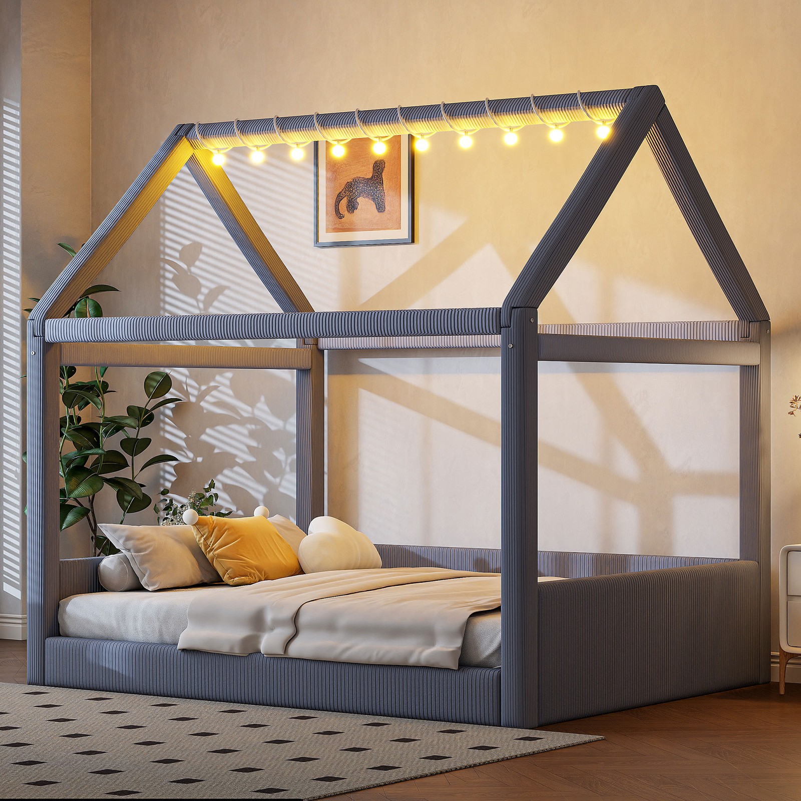 Full Size Upholstered House Daybed with LED Light Strips,Grey