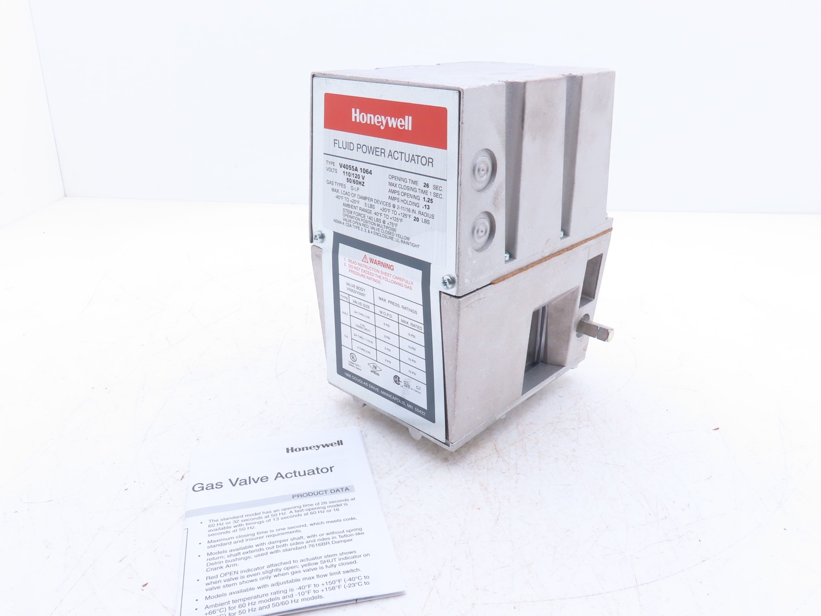 Honeywell V4055A 1064 Fluid Power Gas Valve Actuator 120V w/Damper Shaft