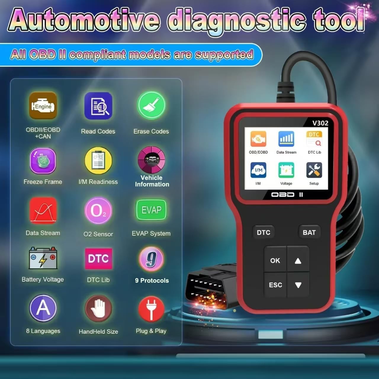 OBD2 Scanner Car Code Reader Battery Voltage Test O2 Sensor Live Data EVAP Test