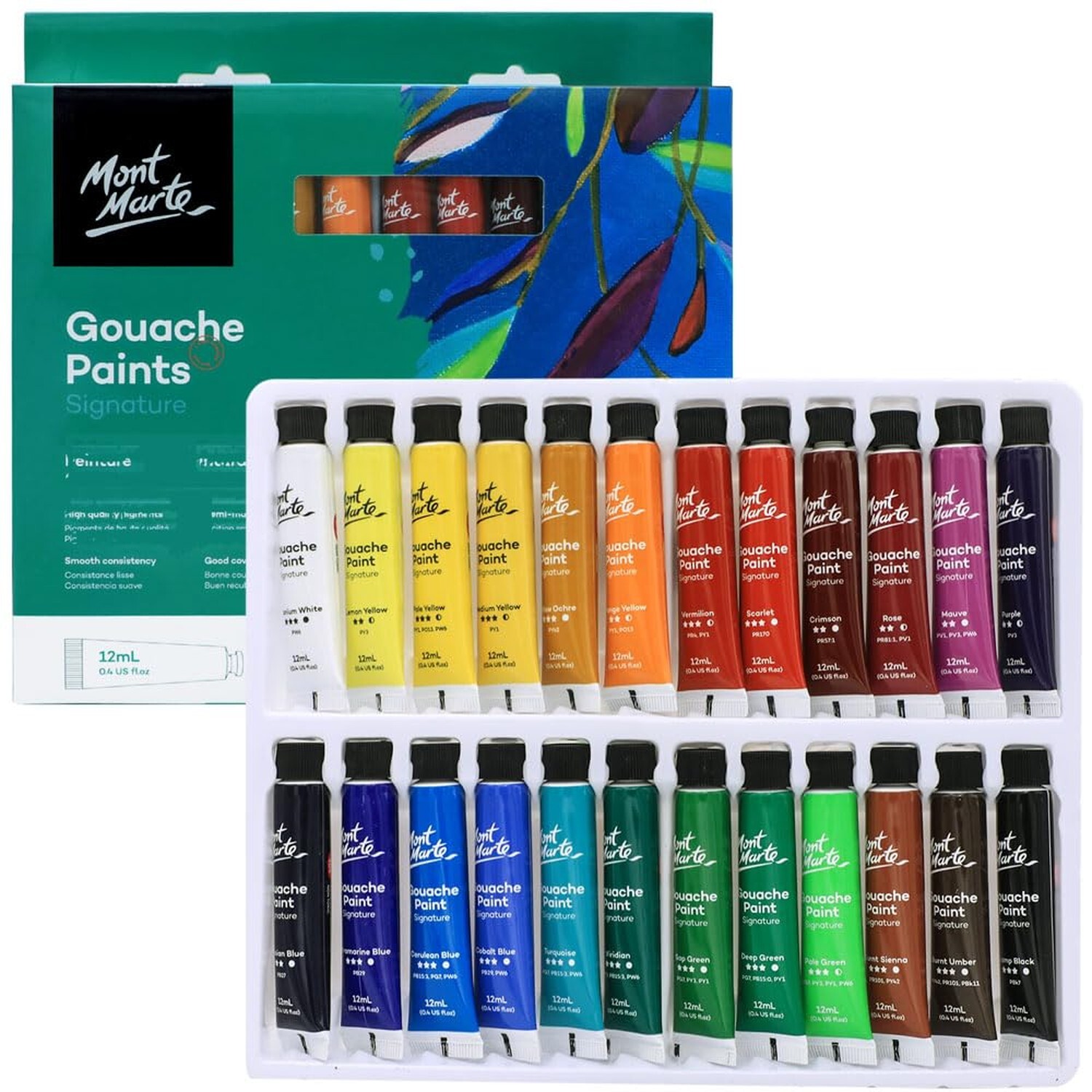 Mont Marte Signature Gouache Paint, 24 x 0.4oz (12ml), Semi-Matte Finish, 24 ...