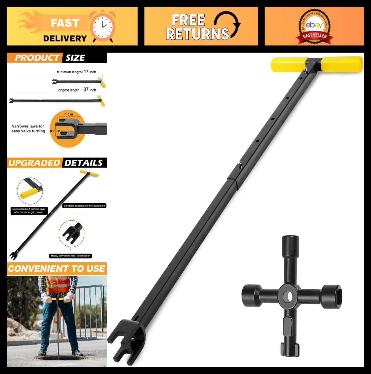 37" Adjustable Water Meter Key - 4-Way Utility Tool, Steel Shut Off T-Handle