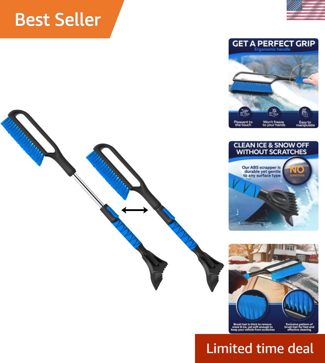 34.5” Extendable Ice Scraper with Foam Grip - Heavy Duty Snow Remover for Cars