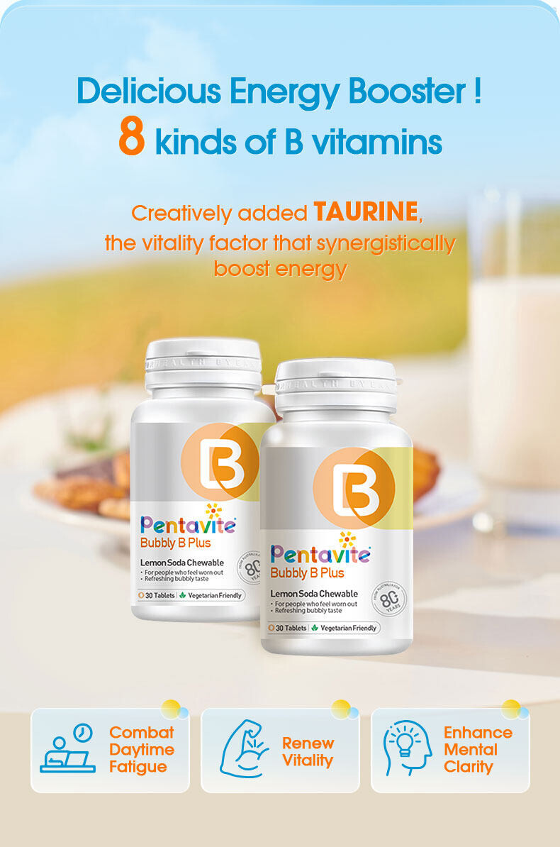 PENTAVITE Bubbly B Vitamins Plus Energy Lemon Soda Chewable for Adult x 3