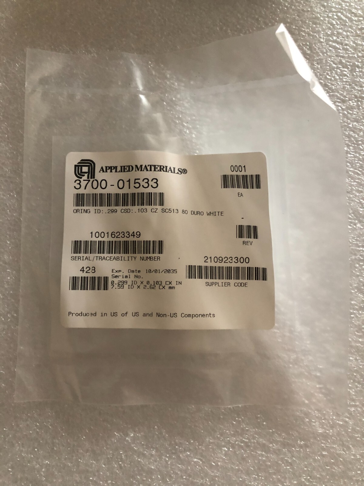 AMAT 3700-01533 O-RING ID: .299 CDS: .103 CZ SC513 80 DURO, AS568-109