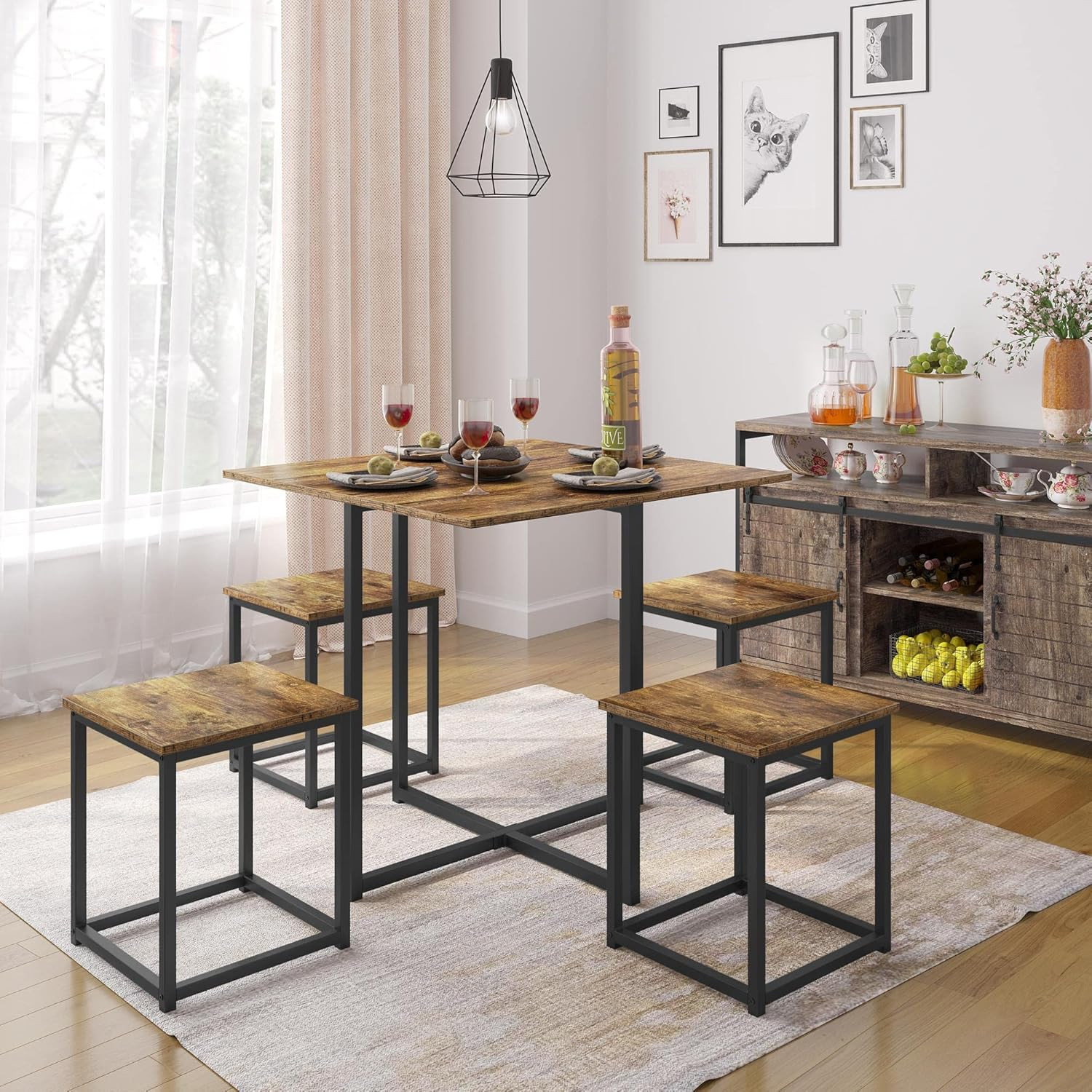 Industrial Dining Table Set for 4 Compact Kitchen Table and 4 Stools Space Savin