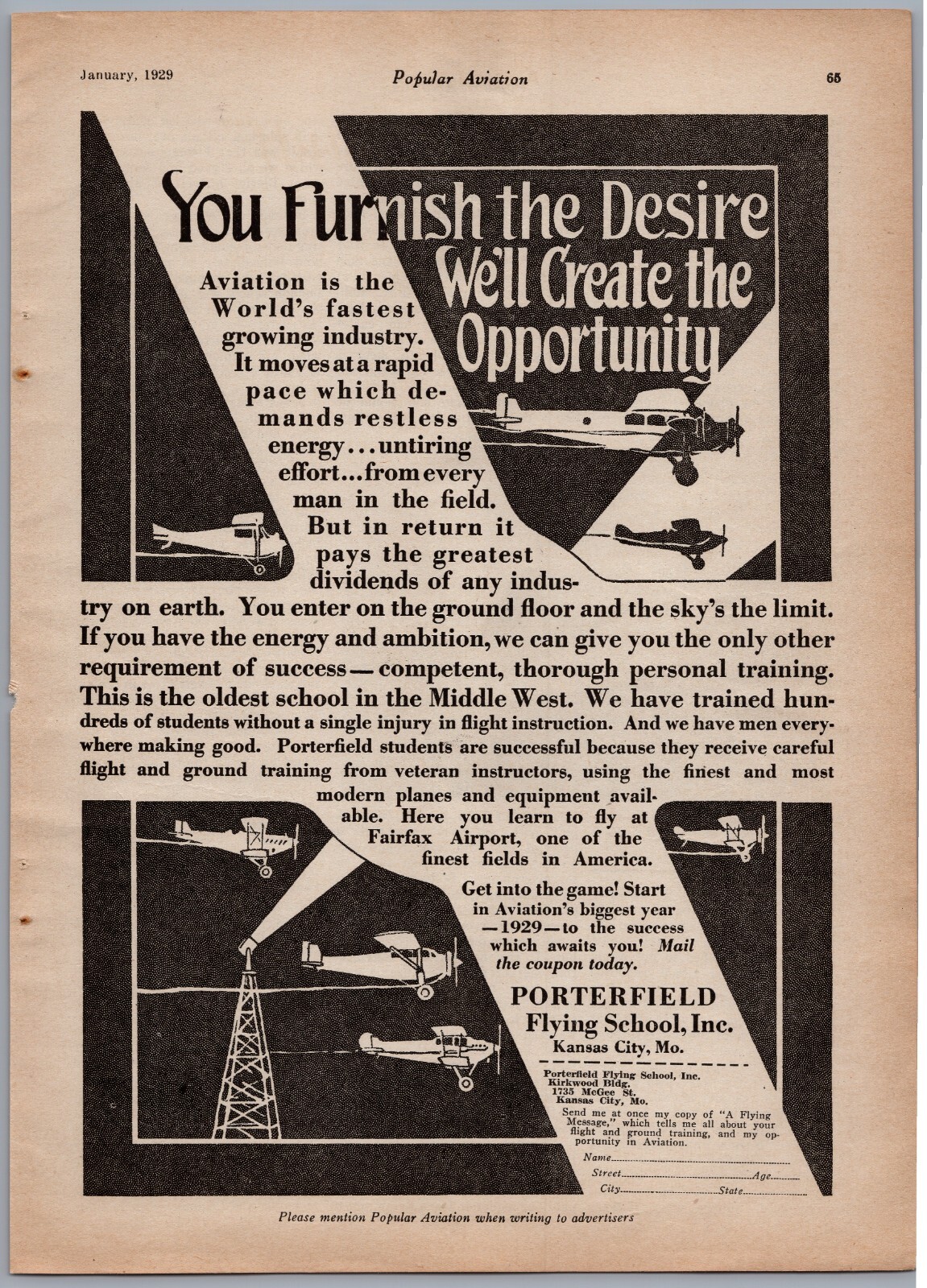 1929 Aviation Advertisement Porterfield Flying School, Inc. Kansas City Missouri