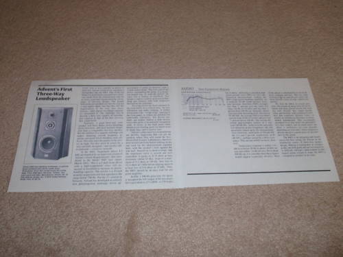 Advent 6003 Speaker Review, 1984, 2 pgs, Full Test,RARE