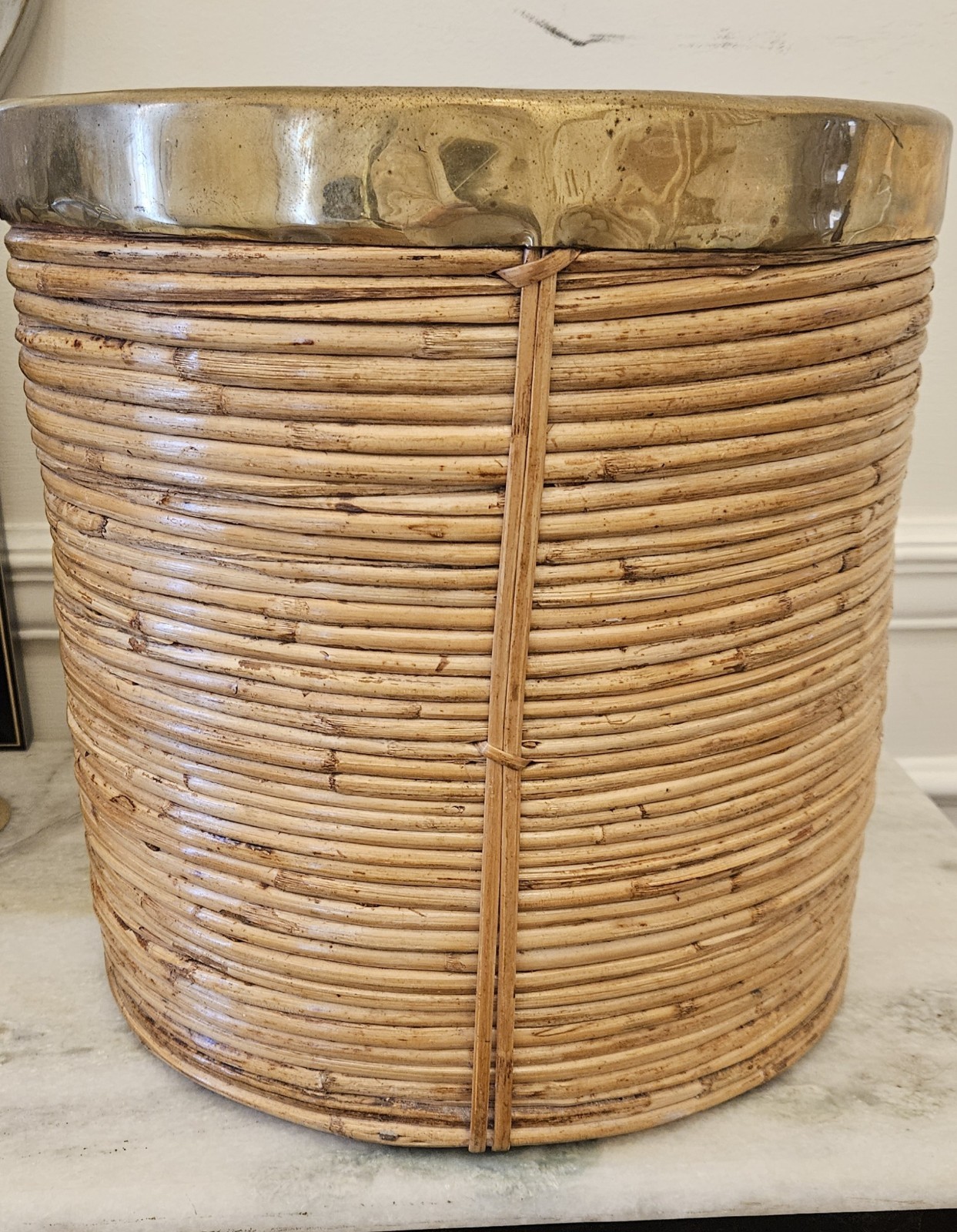 MCM Italian Ratan with Brass Rim Basket/Planter Made In Italy 12 Inches Tall