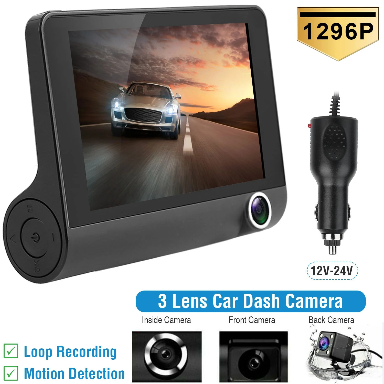 1296P Car Dash Cam 3 Lens DVR Driving Recorder Front Rear Camera Seamless