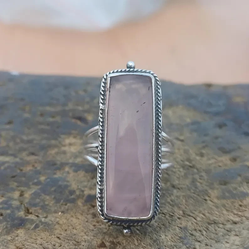 Rose Quartz 925 Sterling Silver Band& Statement Ring Handmade Ring All Size