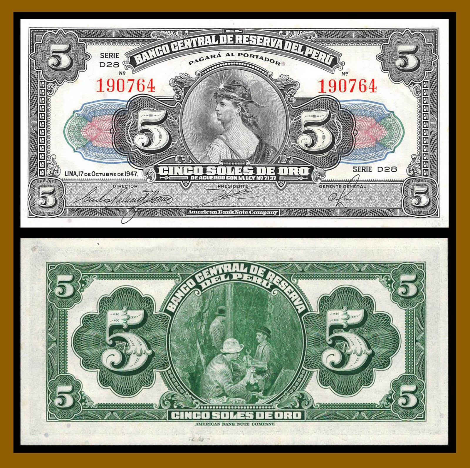 Peru 5 Soles de Oro, 1947 P-66A Serie D28 Au