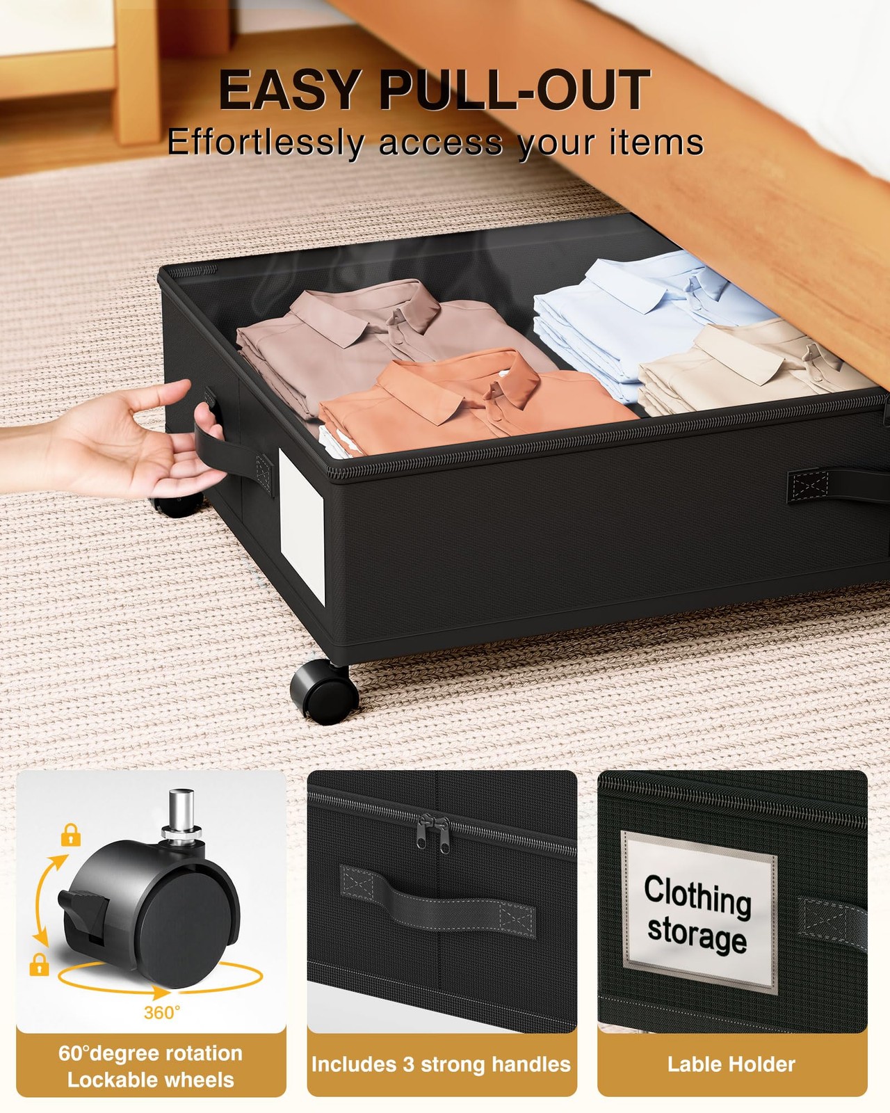 LeArex Under Bed Storage with Wheels,2Pack Underbed Shoe 2pcs, Black